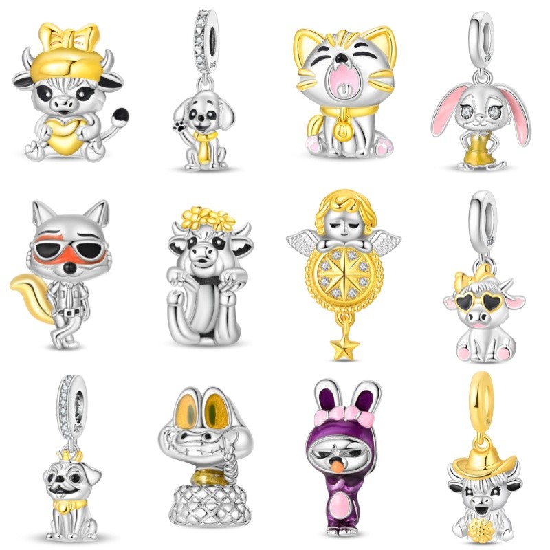 Charme Original S925 prata Denim pingente filhote de cachorro pingente coração dourado Highland vaca contas presente ani