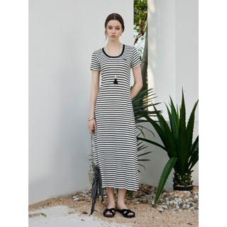 CLMX Cloud Soft Drape Viscose Blended Slub Textura Tecido Solto Sensação Clássico Vestido Listrado Gola Redonda