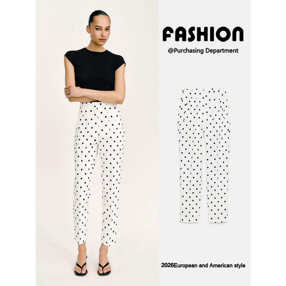 ZA2026 Verão Novo Produto Feminino Moda Elegante Slim-fit All-match Slimmer Look Polka Dot Cintura Alta Calças Até o Tor