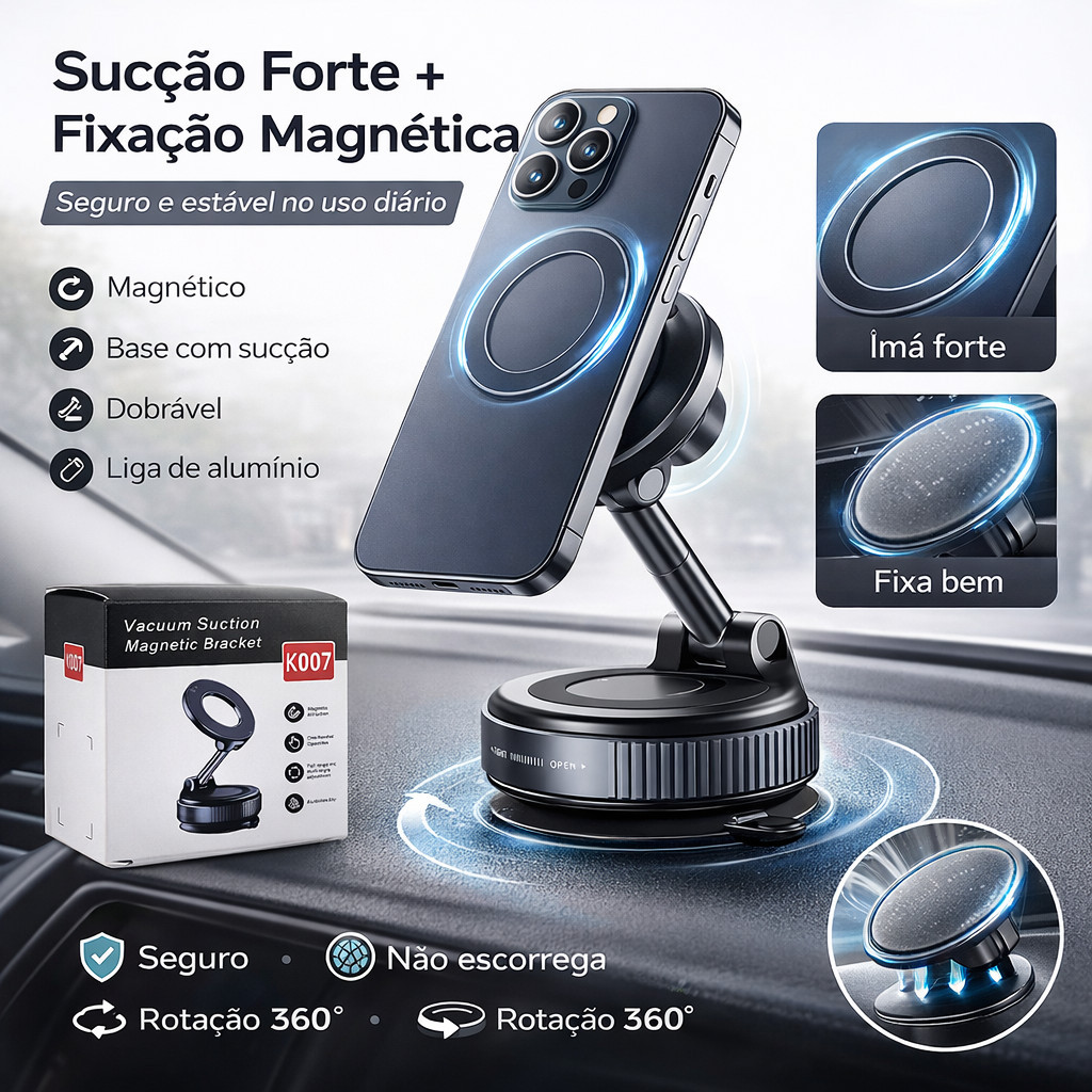 Suporte Magnético para Celular com Ventosa Base Ajustável 360° Suporte Universal para Carro e Mesa ANJGG BRASIL