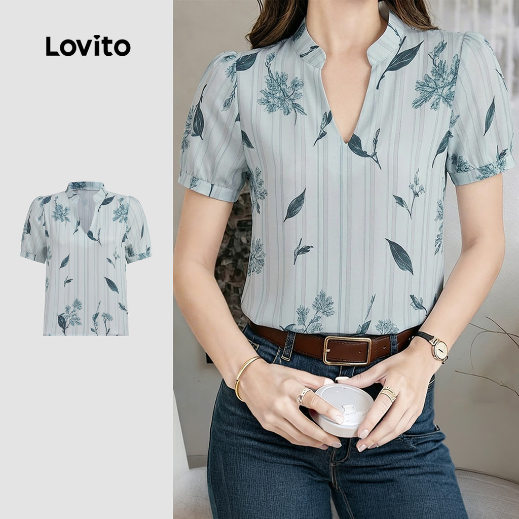 Lovito Blusa Casual com Babados Azul Primavera/verão Blusa Feminina LK4ED726