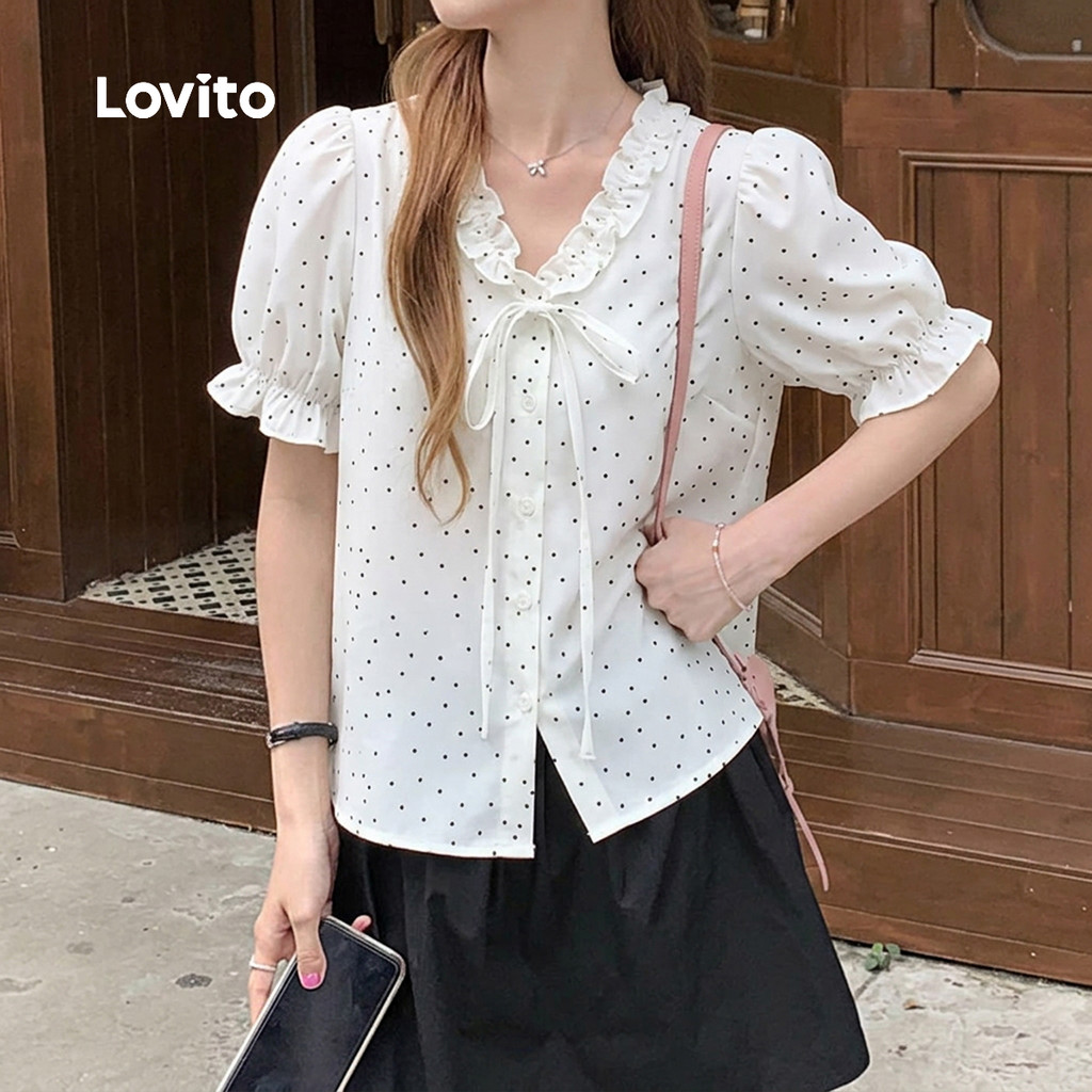 Lovito Blusa Fofa Babados Laço Frente Lazer Primavera/verão Blusa Damasco para M