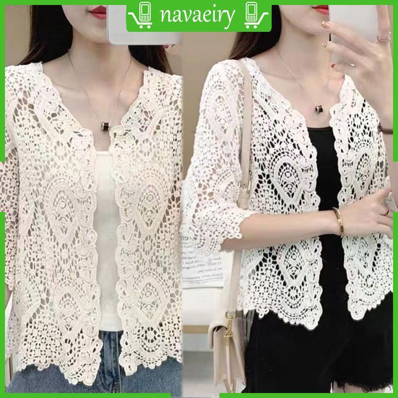 nava Feminina Hollowout Crochê Malha Floral Suéter 3 4 Cropped Cardigan Coverup Cottom Encolher