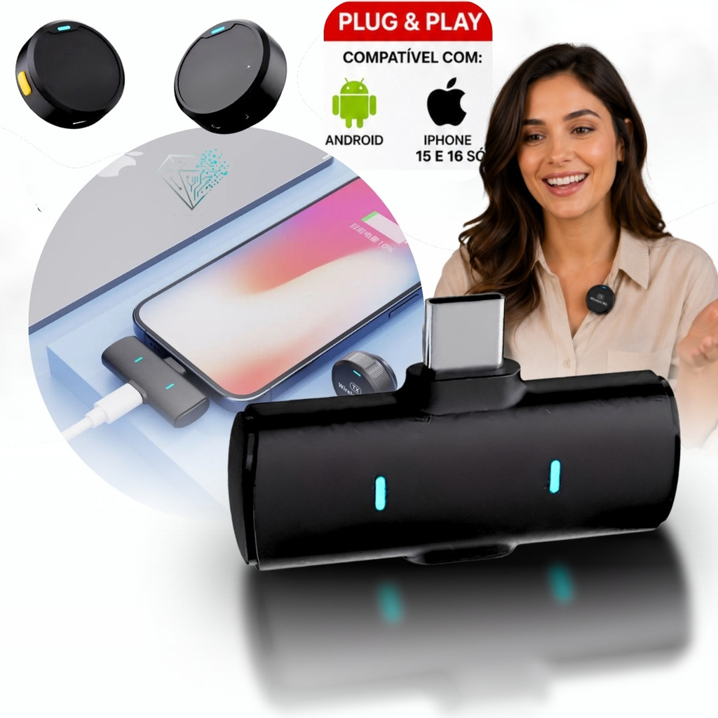 Microfone Sem fio de Lapela Duplo Magnético Redondo Bluetooth para Celular Entrevista