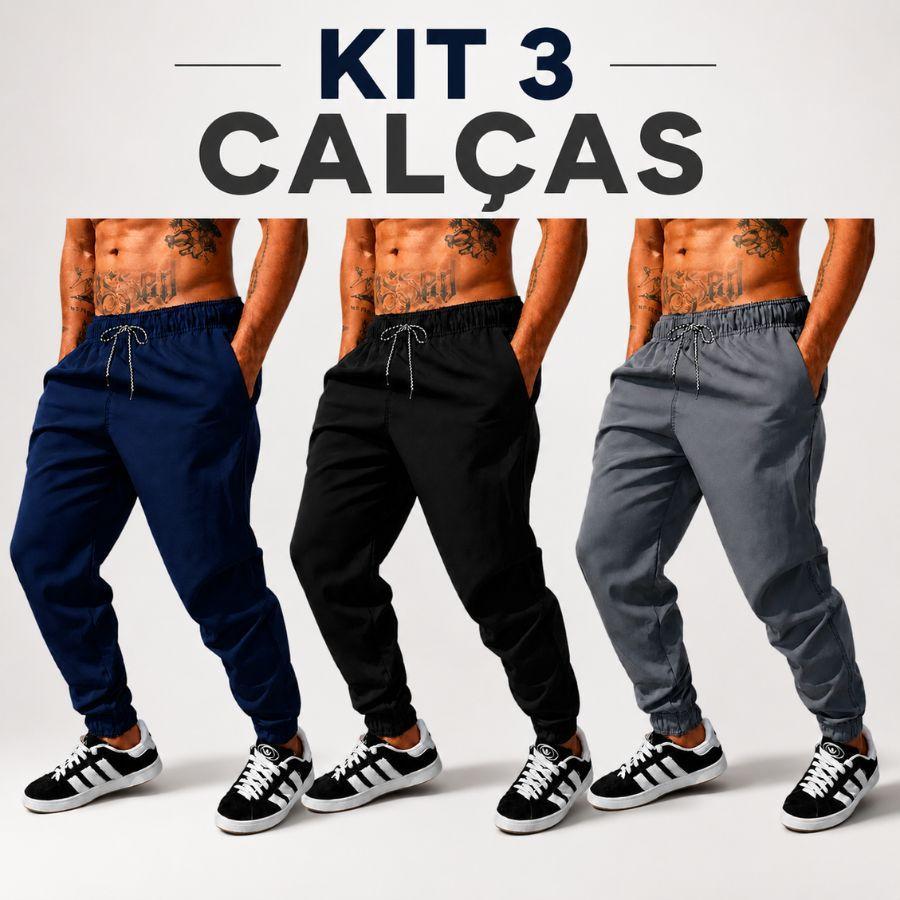 Kit 3 Calças Masculina Esportiva Jogger Elástico e Cordão Tecido Premium Elastano Secagem Rápida Respirável com 2 Bolsos
