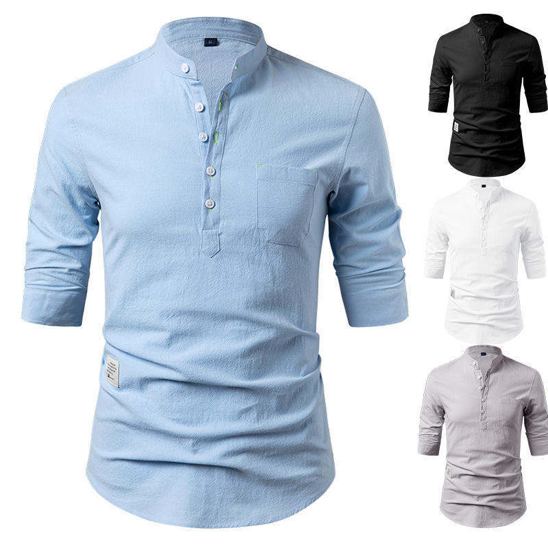 Camisa Henry de comércio exterior masculina Casual solta estilo fino respirável manga três quartos moda imitação de linh