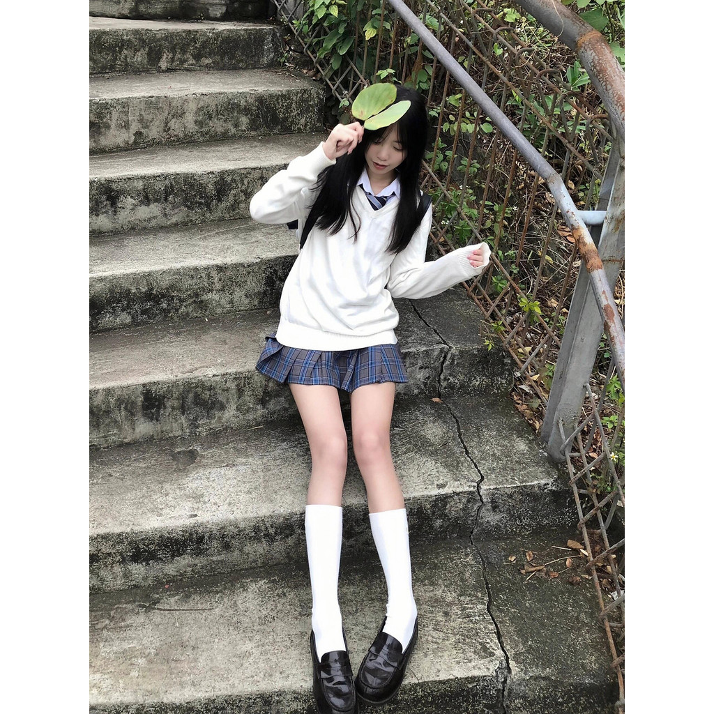 Suéter estilo JK Original feminino, estilo básico, manga comprida, em camadas, branco, pulôver, material escolar, decote