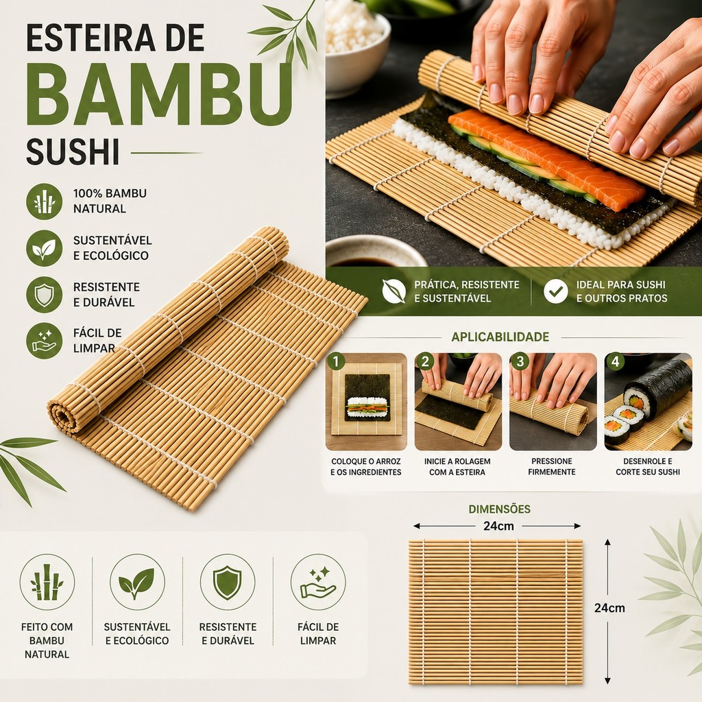 Esteira de Bambu para Sushi 24x24cm Makisu Enrolador Profissional