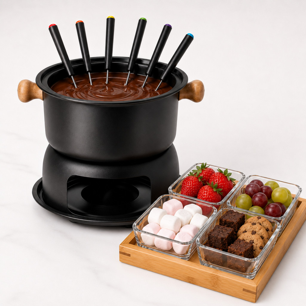 Conjunto Fondue 12 Peças Preto Chocolate Queijo com Petisqueira e Gamela