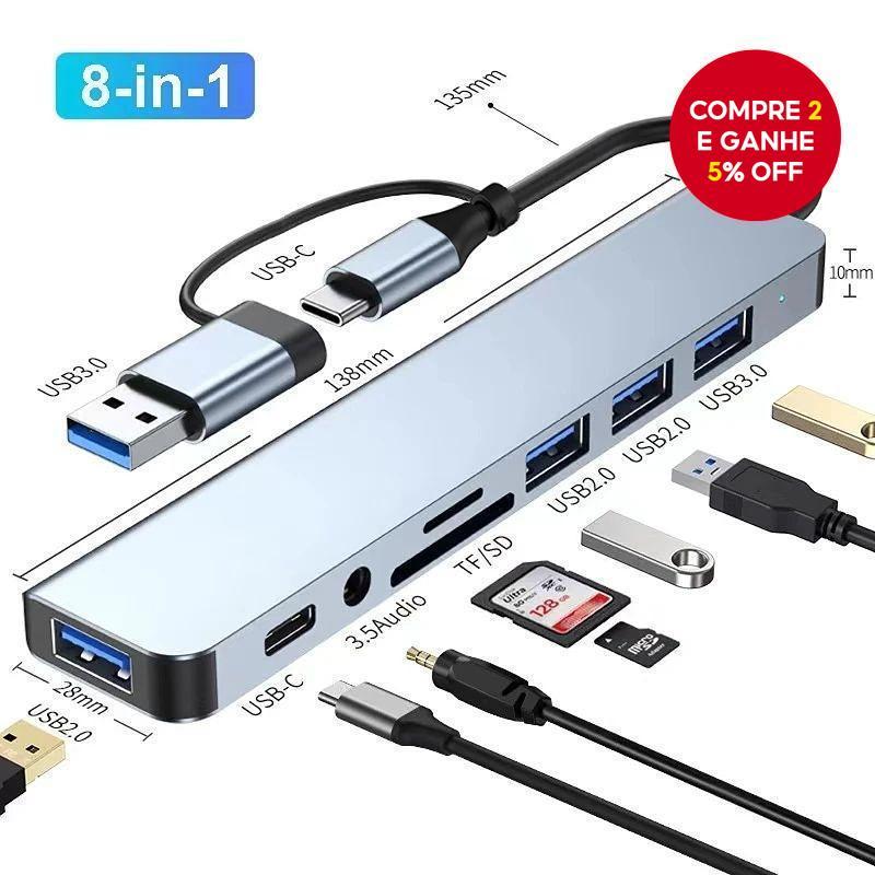 Estação de acoplamento USB C Tipo C 8 em 2 HUBs USB 3.0 de alta velocidade 5 Gbps Adaptador OTG Tipo C para HUB USB 3.0
