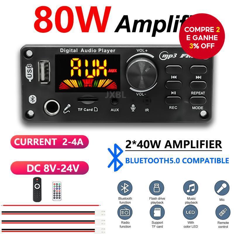 Placa amplificadora Bluetooth com display, 80W 8V-24V de ampla tensão, caixa de plástico para áudio DIY