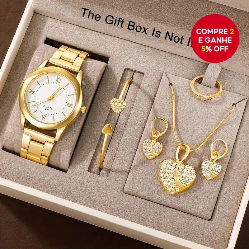 Conjunto De 6 Peças De Relógios De Quartzo Femininos , Mostrador Romano Simples , Joias De Coração De Strass De Luxo