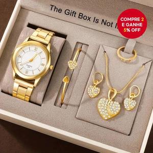 Conjunto De 6 Peças De Relógios De Quartzo Femininos , Mostrador Romano Simples , Joias De Coração De Strass De Luxo