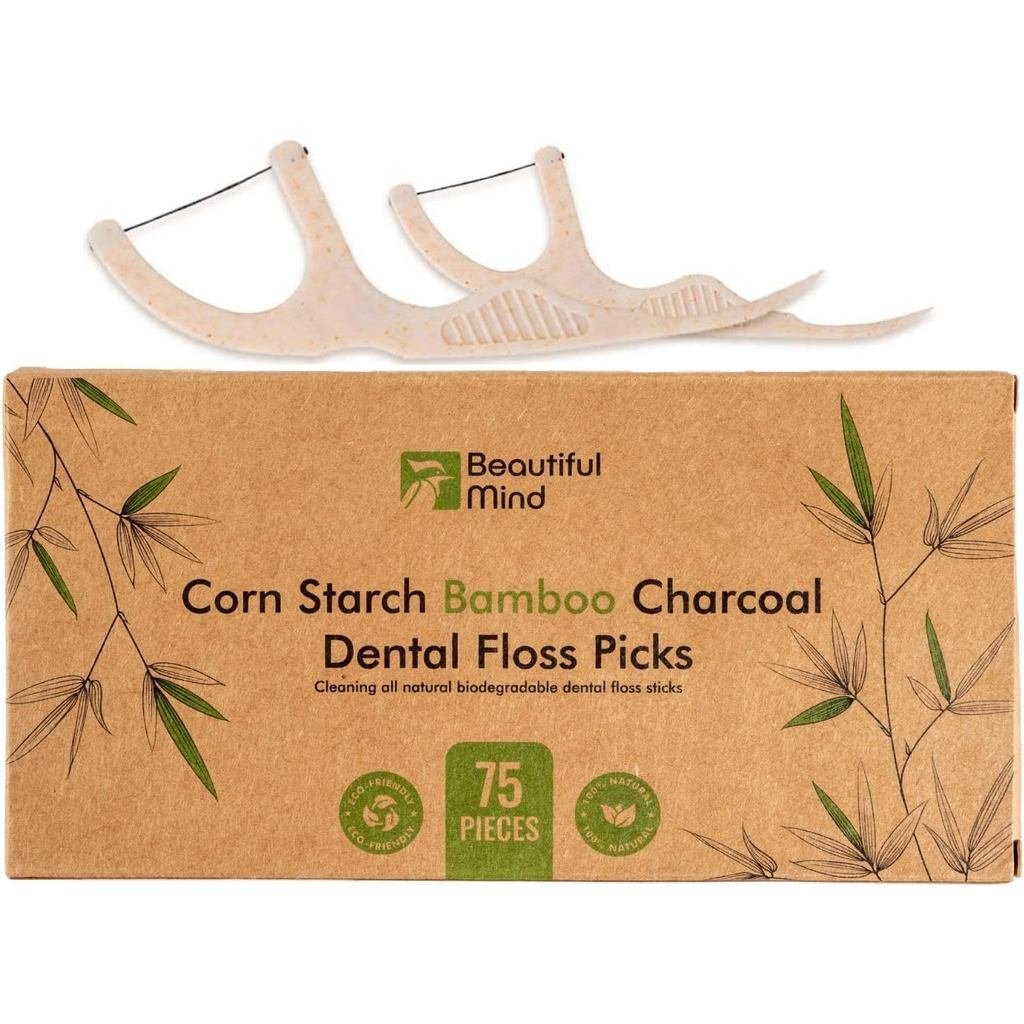 Palitos de Fio Dental 75 Unidades – Palitos de Fio Biodegradáveis Orgânicos com Fio de Carvão Ativado de Bambu Resistent