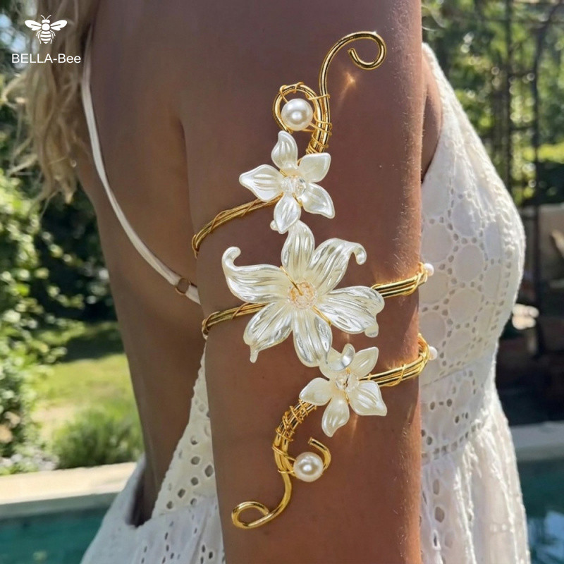 BELLA-Bee Bright Gloss White Lily Pearl Gold Punho De Braço Ajustável Linda Pulseira Para O Verão Crop Top Compras Diári — imagem 2 de 2