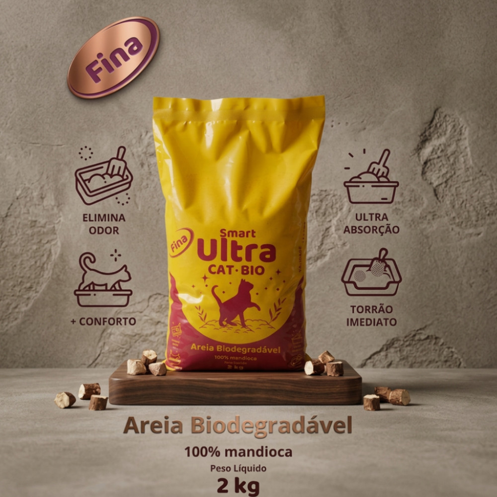 Areia Higiênica Biodegradável para Gatos Ultra Cat Bio 2 kg- Fina- Controle de Odor e Alta Absorção