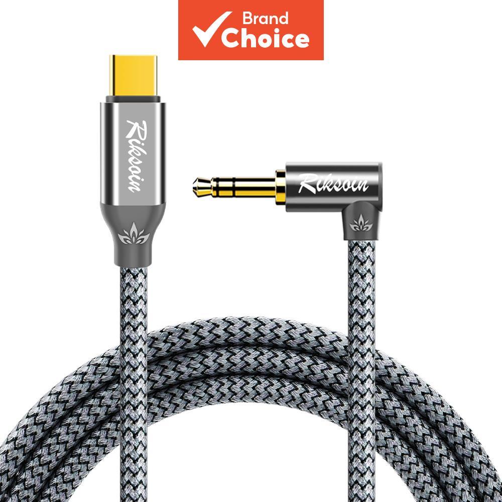 Cabo auxiliar Riksoin USB-C 90 graus para 3,5 mm trançado para áudio Pro Samsung Huawei Xiaomi Max
