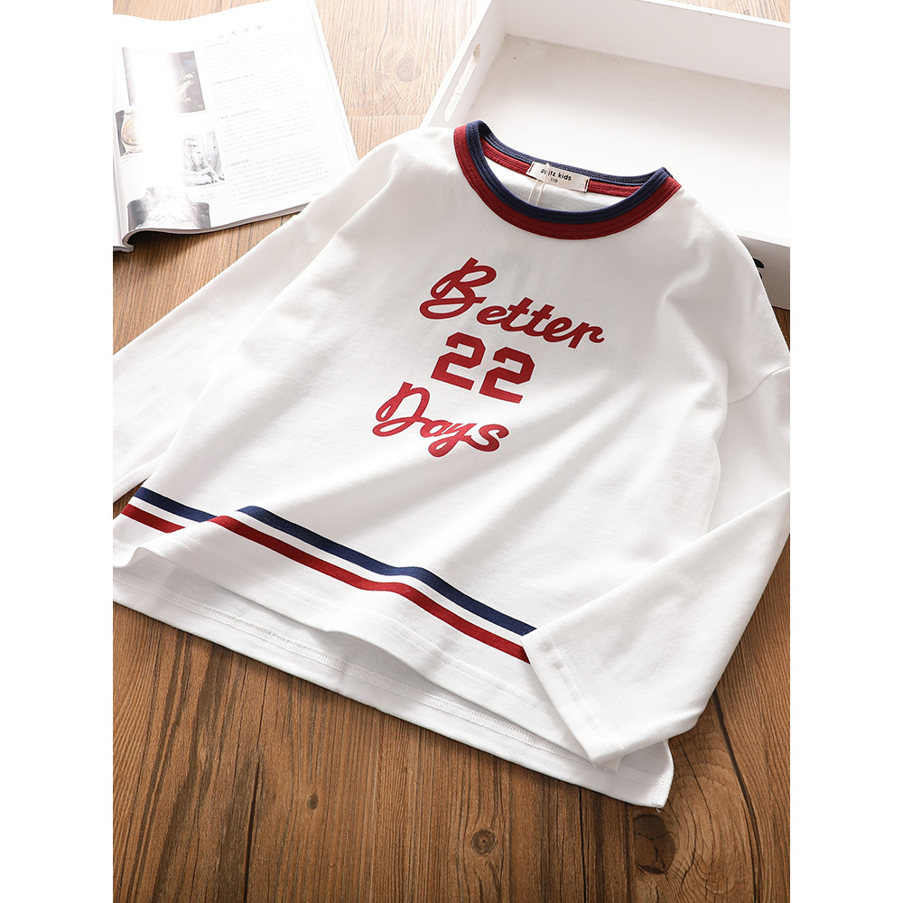 Meninas versão coreana esportes letras de manga comprida camiseta primavera novo estilo médio grande crianças Casual sol