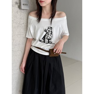 Camiseta branca de um ombro com estampa de cachorrinho de alta qualidade fora do ombro feminina Super agradável curta @-