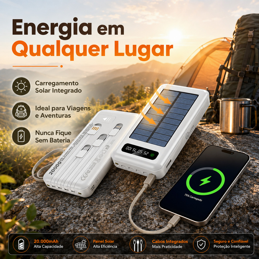 Carregador Portátil Solar 20000mAh Power Bank Tipo C Lightning USB