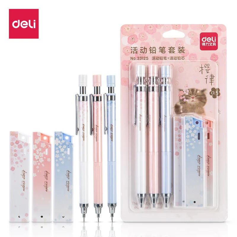 Conjunto De Lápis Mecânico Deli Sakura , Automático Tipo Prensa De 0.5 Mm Com Recargas , Design Fresco E Fofo Para Aluno