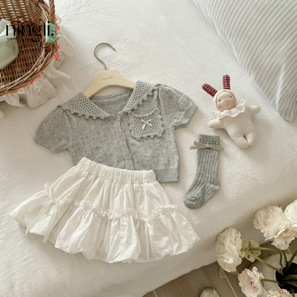 Estoque pronto [Versão coreana roupas infantis] Terno de bebê menina estilo verão infantil estilo ocidental malha oca ca