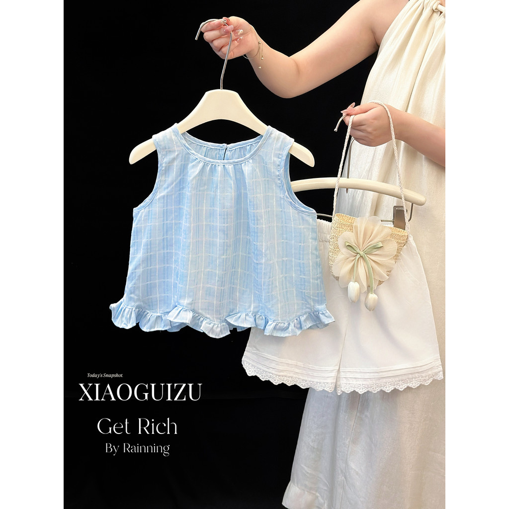 Meninas estilo coreano moda terno verão azul xadrez topo branco Shorts bebê menina camisa de duas peças na moda