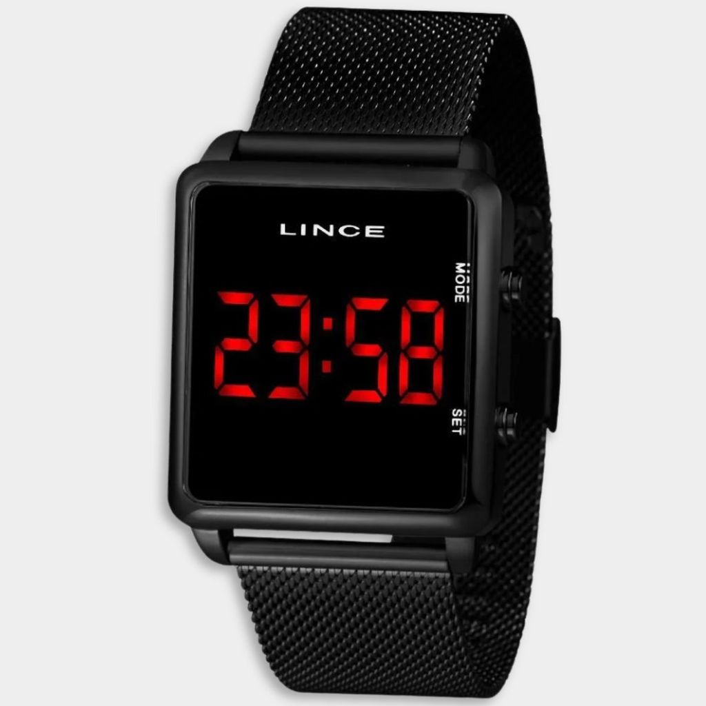 Relógio Lince Digital Led Quadrado Pulseira Mesh Feminino - Preto e Vermelho
