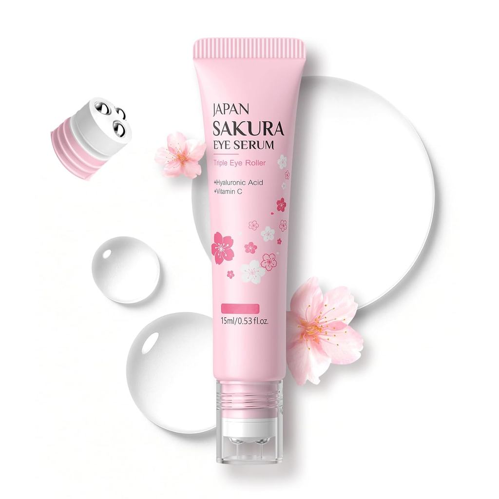 Sérum para os Olhos e Rolo Massageador 2 em 1 Sakura, Rolo Massageador para os Olhos com Efeito Lifting, Creme para os O
