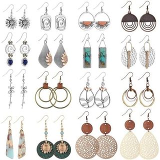 16 Pares De Brincos Para Mulheres Na Moda , Pendurados Funtopia Boho Geométricos Redondos De Girassol Vintage De Couro D