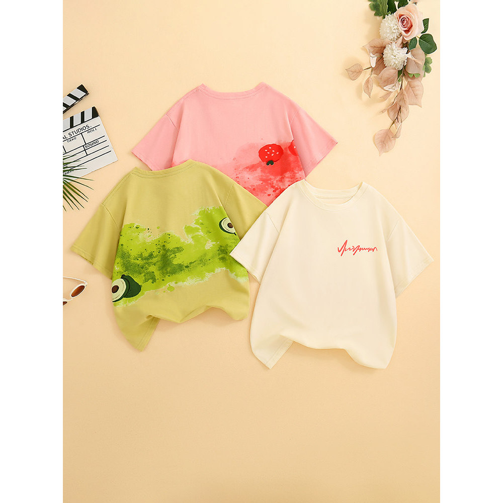 Meninas de manga curta camiseta verão novo estilo médio grande crianças meninas verão solto topo impresso camiseta solta