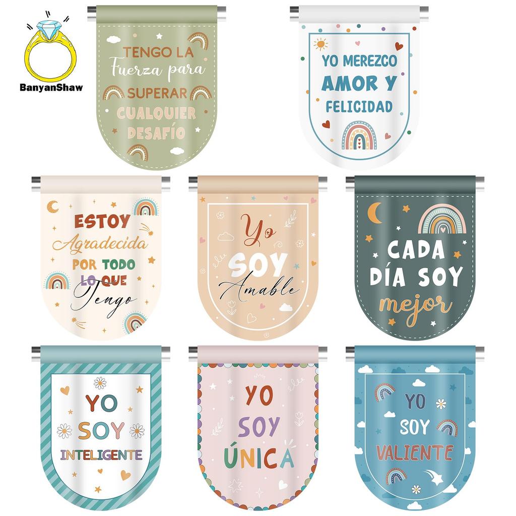 [BANY] 8 Peças Cortinas De Sala De Aula Escolares Espanholas Motivacionais Positivas Boho Cortina Ba Para Capa De Janela