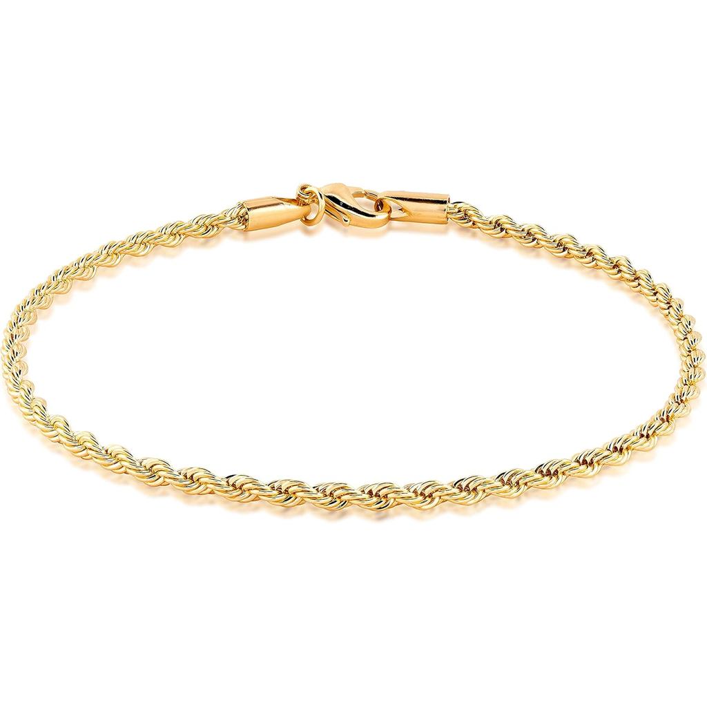 Tornozeleira de Corda Trançada Banhada a Ouro 18K Barzel para Mulheres, 2,7 MM de espessura, 10 Polegadas de comprimento