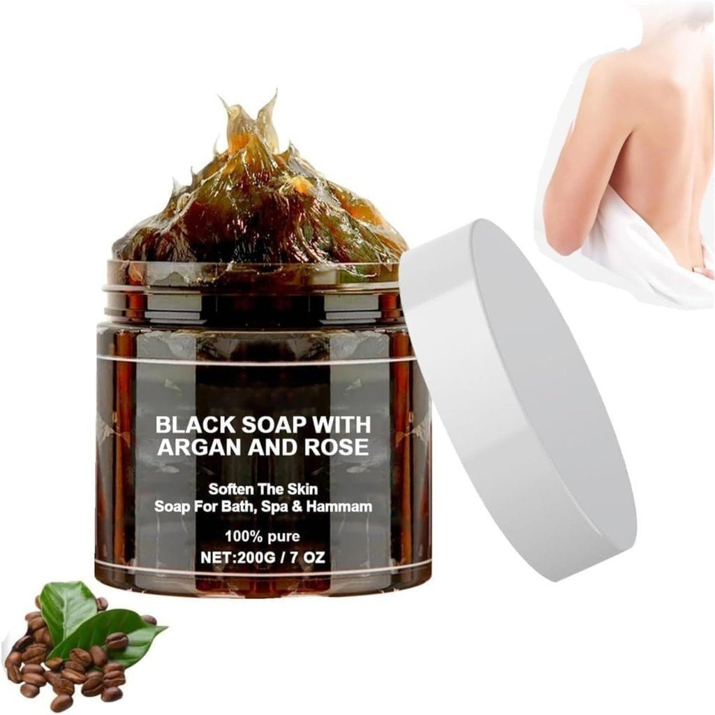 Sabonete Beldi Preto do Marrocos com Argan e Rosa - Barra Esfoliante Corporal Africana, Sabonete Preto Marroquino para H
