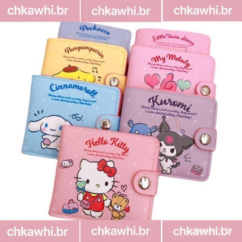 Bonito Anime KT Pequena Carteira Curta Para Meninas Mulheres Kuromi Kawaii Moeda Bolsa Com Botões Carteiras Dobráveis