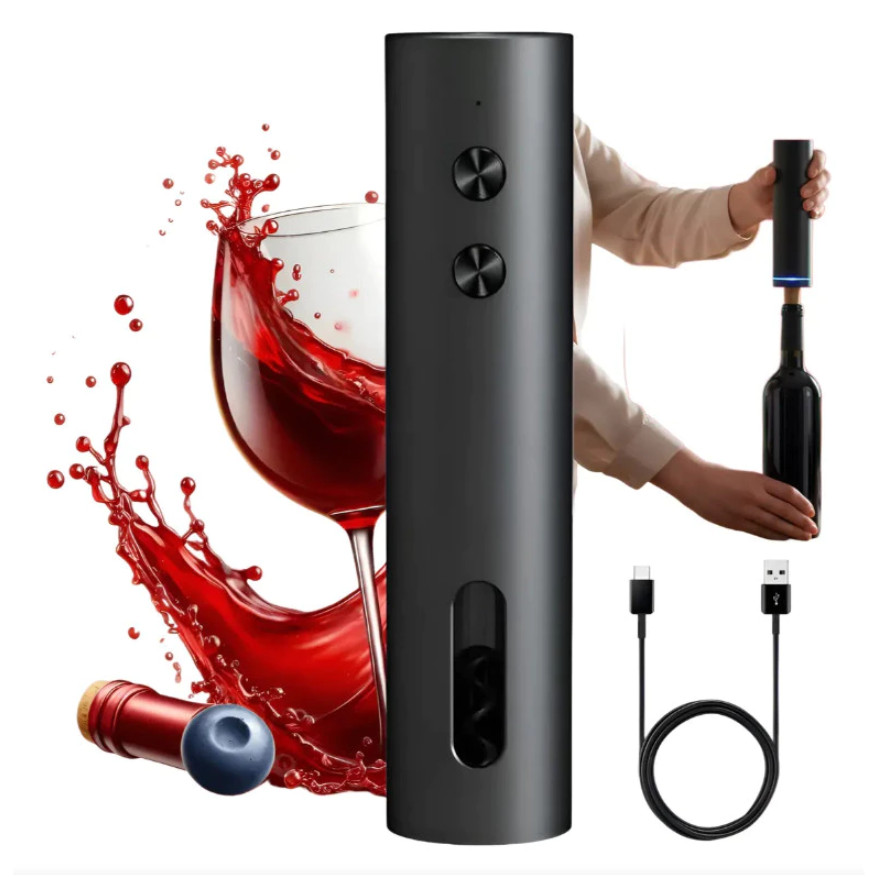 Kit Saca-Rolhas Elétrico Recarregável Type-C Abre Garrafa em+Tapão de Vácuo+Cortador de Lâmina + Base de Armazenamento