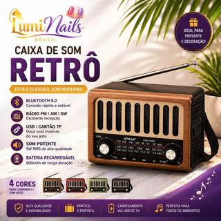 Caixa de Som Bluetooth Retrô Vintage Rádio FM AM SW USB Cartão TF Portátil Recarregável 5…