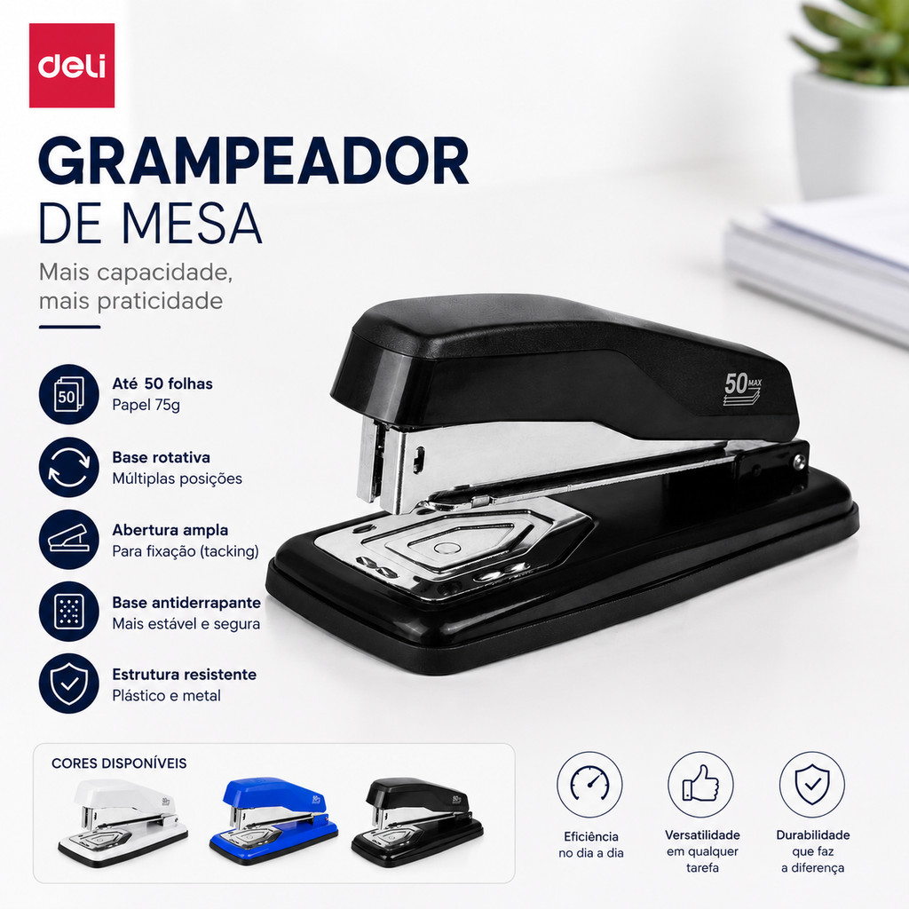 Grampeador Rotativo Deli E0414S 50 Folhas 24/6 26/6 24/8 Cores Sortidas Preto Azul Cinza