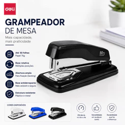 Grampeador Rotativo Deli 50 Folhas 24/6 26/6 24/8 Cores Sortidas Preto Azul Cinza