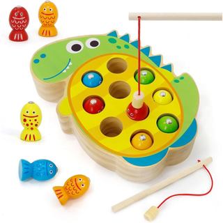 Jogo de Pesca Magnética de Madeira, Brinquedo de Pesca Magnética de Dinossauro, Adequado para Crianças de 3 a 5 Anos, Ed