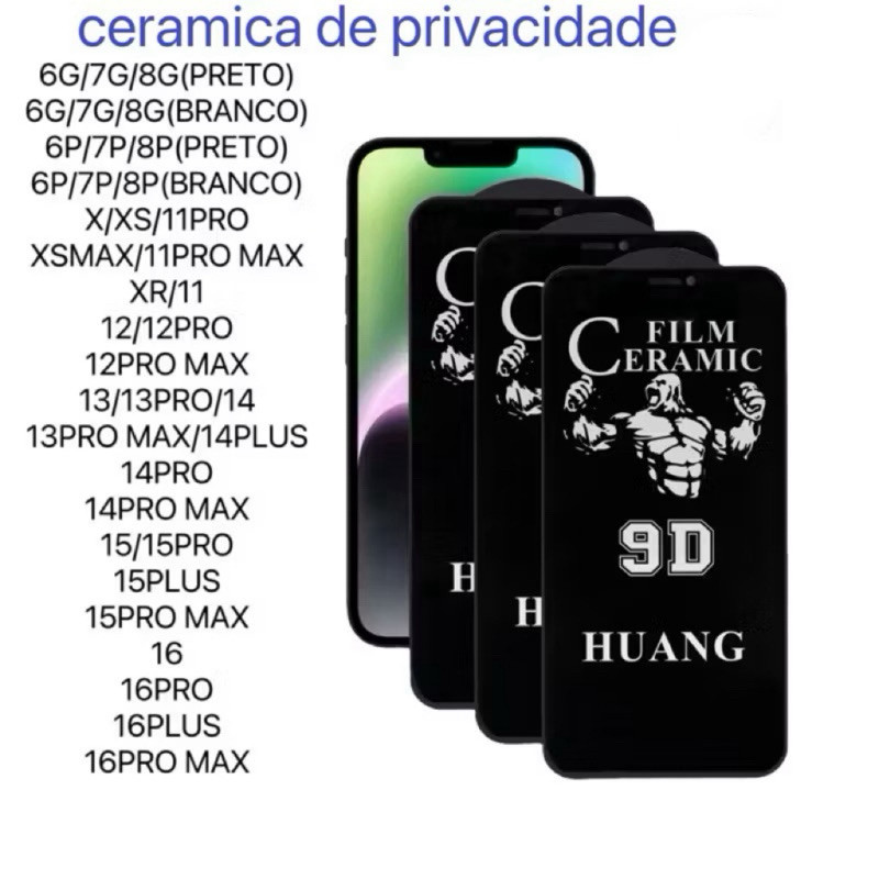 Película 9D Ceramica Privacidade Anti Spy para Iphone 11 12 13 14 15 16 Pro Max Plus 16E 6 7 8 x xs xr 16E mini