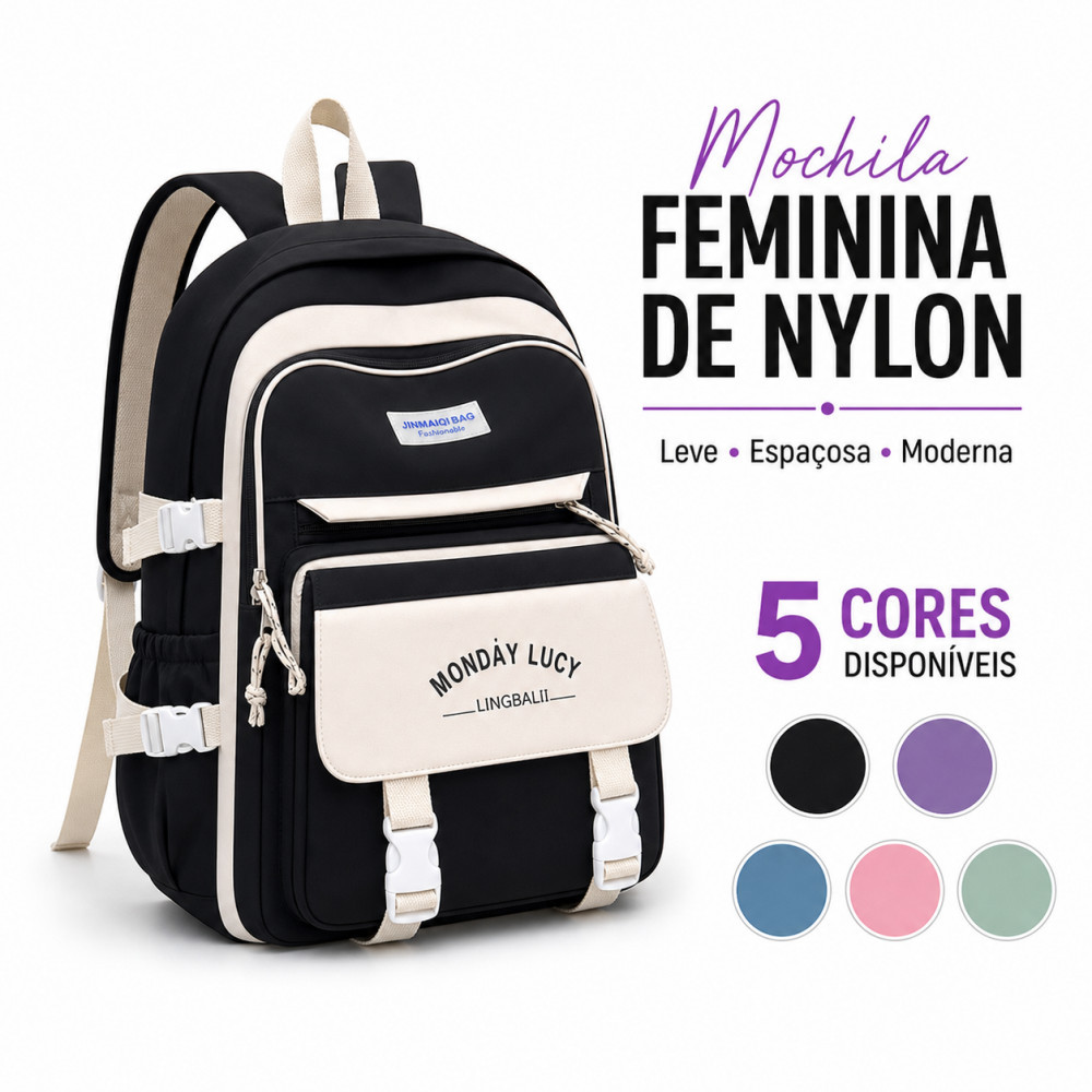🔥 Mochila Escolar Unissex Monday Lucy | Nylon Resistente | 5 Cores