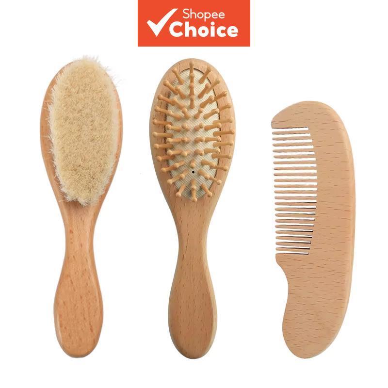Conjunto De Escova De Cabelo E Pente De Madeira Para Bebê-Massageador De Couro Cabeludo Infantil De Lã Natural , Banho ,