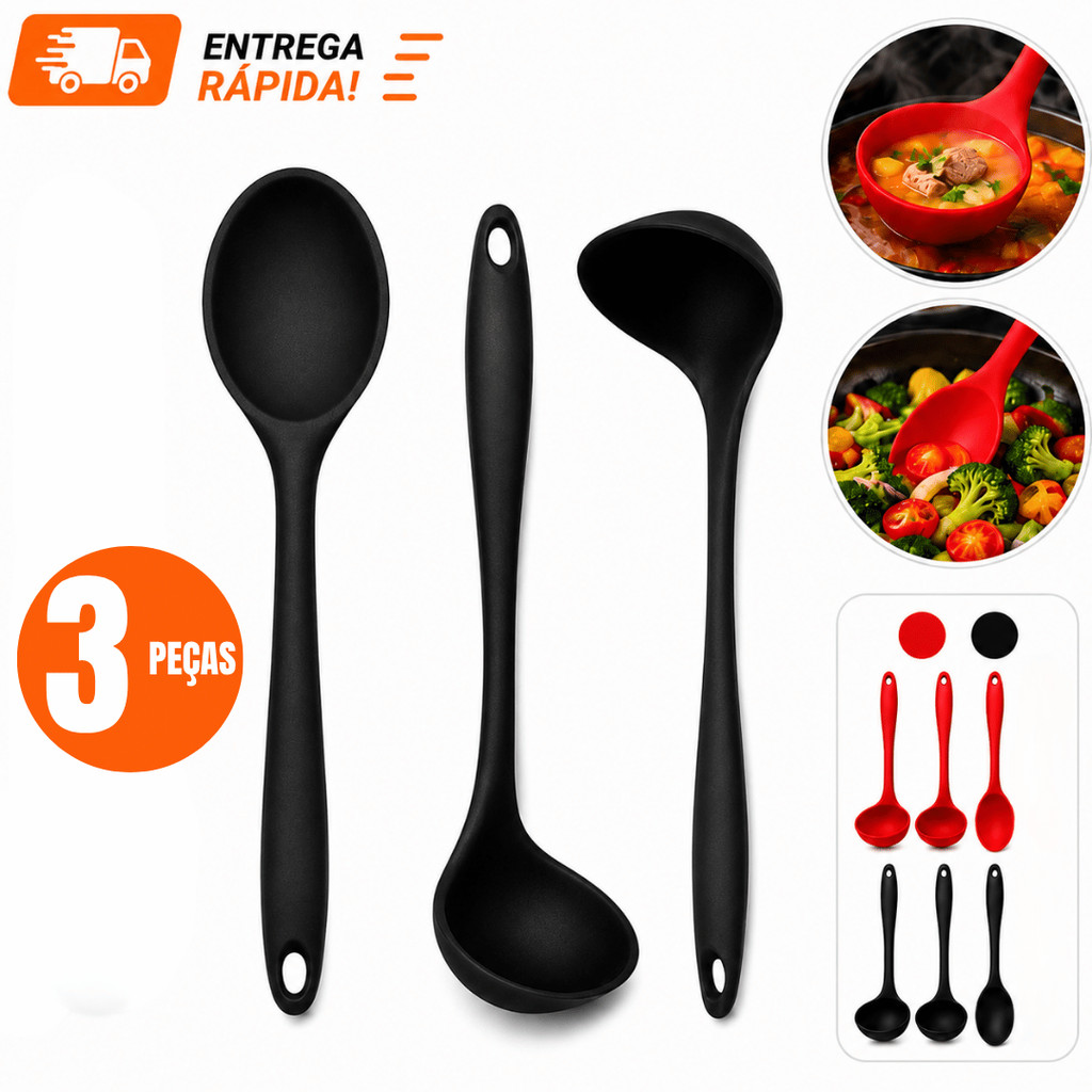 Kit 3 e 2 Concha Feijão Colher De Arroz De Silicone Sopa Para Cozinha Linha Premium Vermelho Preto