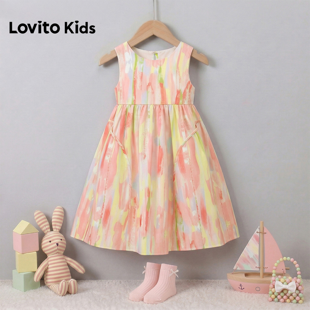 Lovito Kids Férias Padrão de Vestido Plissado Primavera/verão Rosa para Menina L