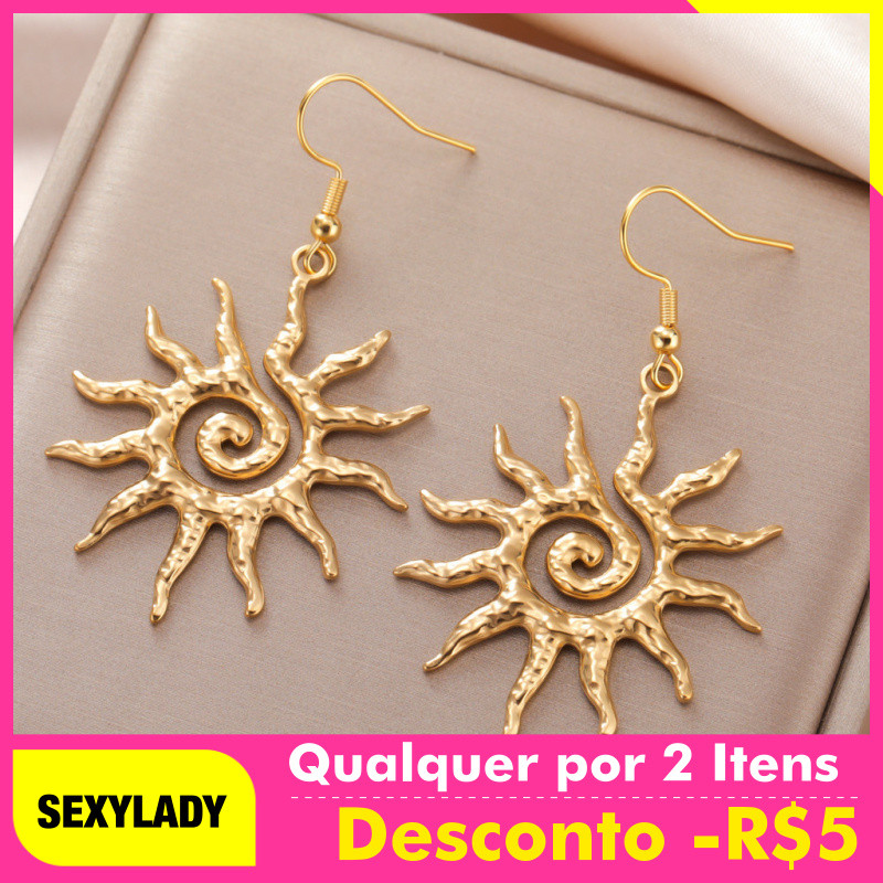 Brincos Pendentes Espiral Sol em Aço Inoxidável, Brincos Dourados Femininos, Joias de Moda para Festa, Presente de Anive
