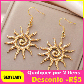 Brincos Pendentes Espiral Sol em Aço Inoxidável, Brincos Dourados Femininos, Joias de Moda para Festa, Presente de Anive