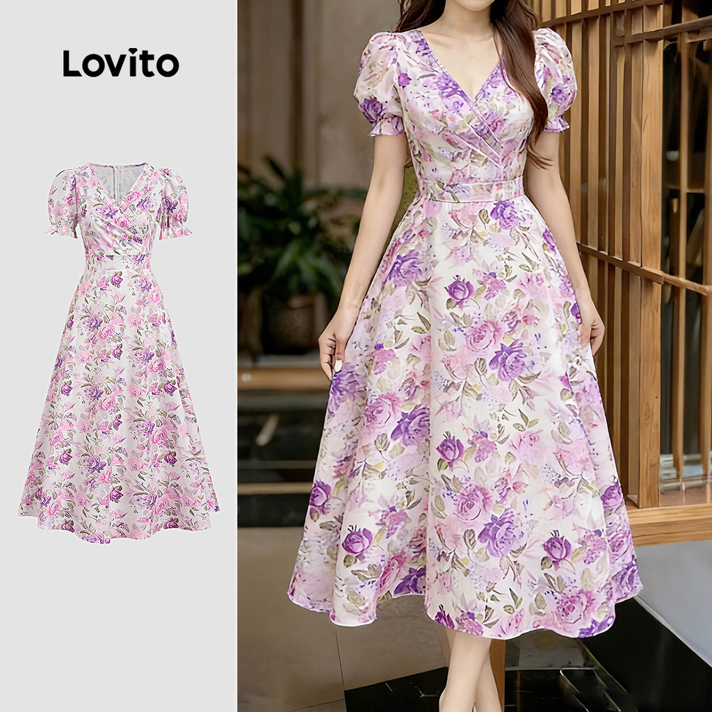 Lovito Vestido Elegante com Flores Estilo Resort Tecido Leve Vestido de Primaver