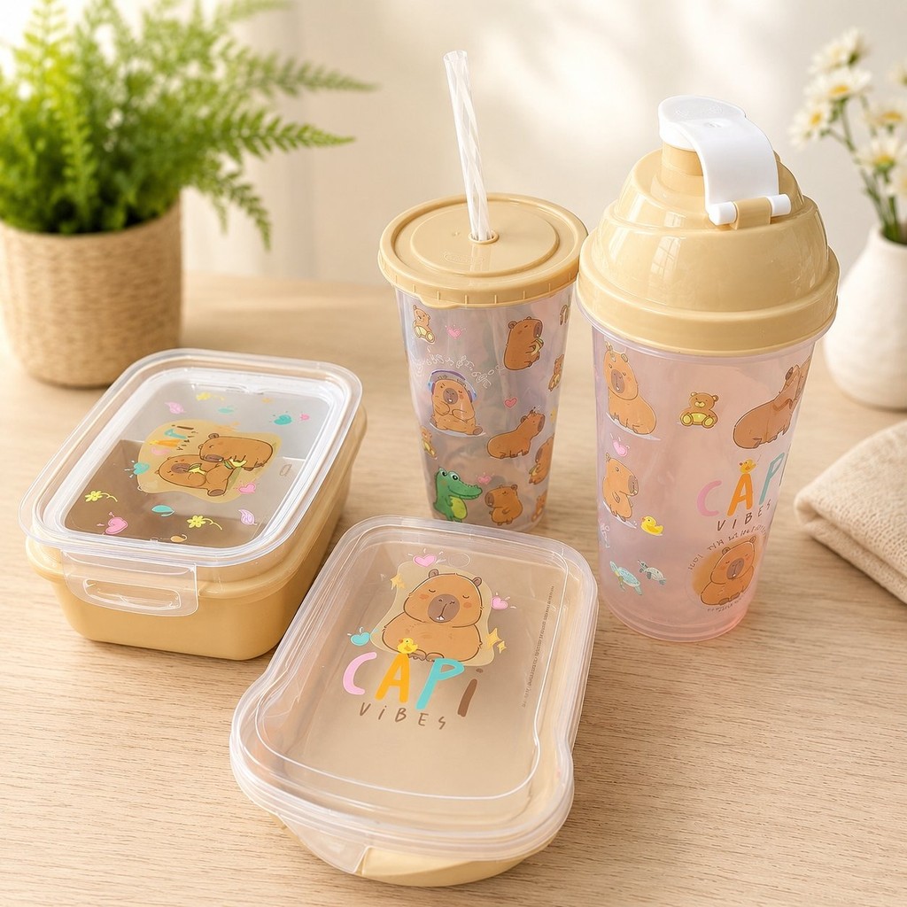 Kit 4 Peças Capi Vibes Garrafa 530ml Marmita 630ml Copo 500ml Sanduicheira Retrô Completo Para Lanche Trabalho Escola