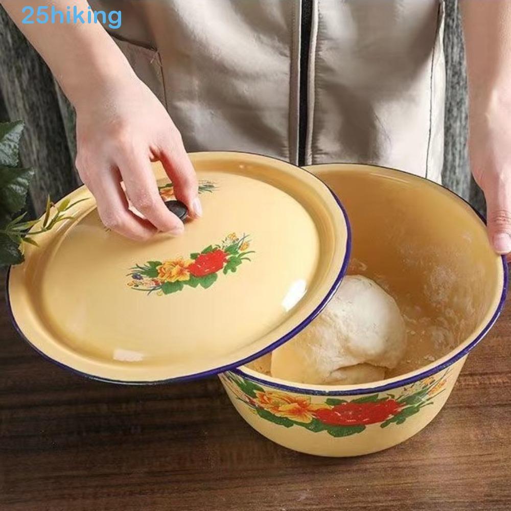 Tigelas Esmaltadas Para Caminhada , Com Tampa , Bacia De Bolo De Morango Vintage , Macarrão De Banha Amarela Padrão Alea